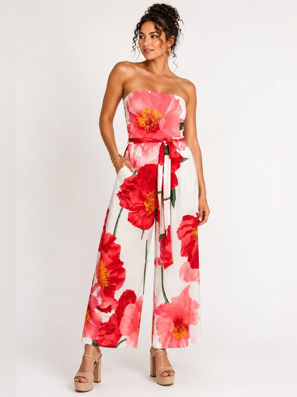 HEART & HEELS White Floral Strapless Wide Leg Jumpsuit Womens Size Large